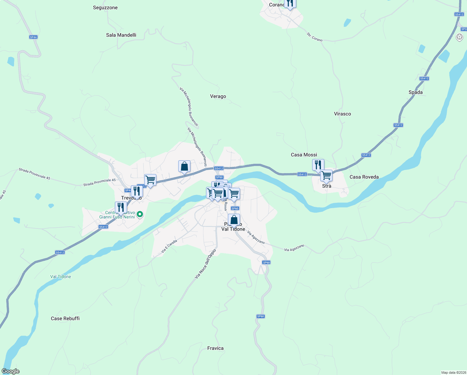 map of restaurants, bars, coffee shops, grocery stores, and more near 1 Via Campo Sportivo in Pianello Val Tidone