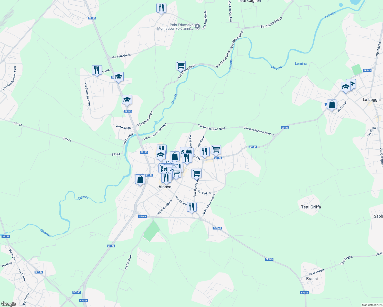 map of restaurants, bars, coffee shops, grocery stores, and more near 2 Via Nuova in Vinovo