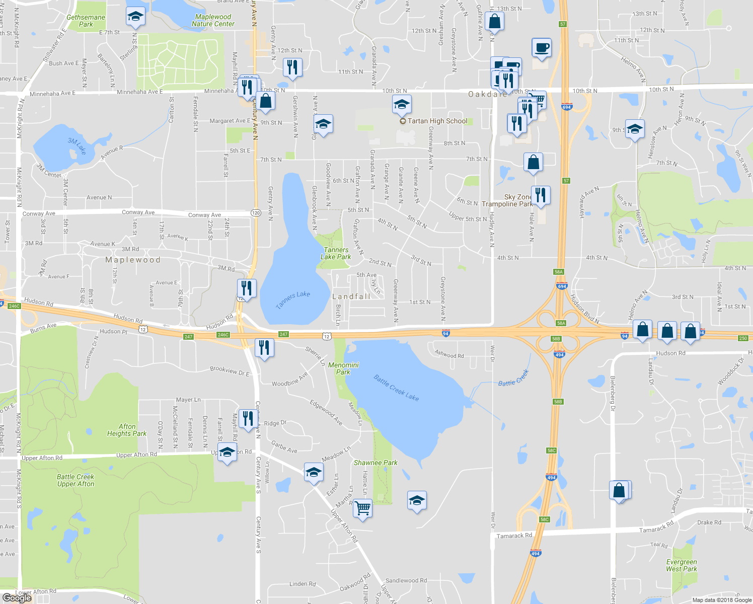 map of restaurants, bars, coffee shops, grocery stores, and more near 30 2nd Avenue in Landfall