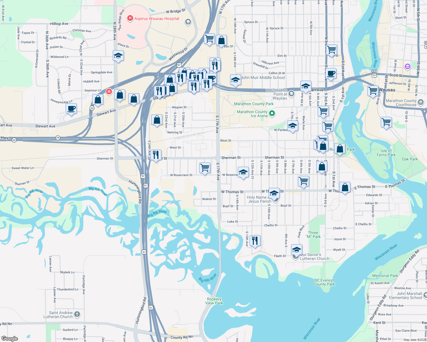 map of restaurants, bars, coffee shops, grocery stores, and more near 925 S 18th Ave in Wausau