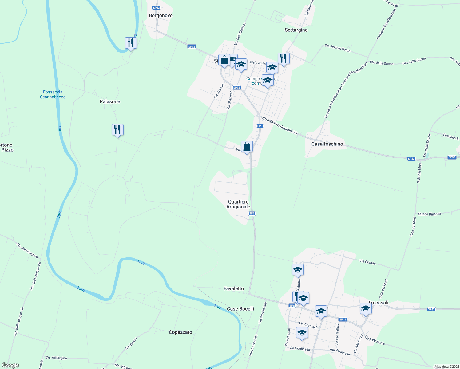 map of restaurants, bars, coffee shops, grocery stores, and more near 9 Via Galileo Galilei in Sissa Trecasali