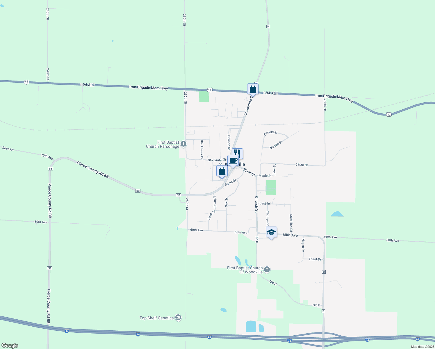 map of restaurants, bars, coffee shops, grocery stores, and more near 125 Division St in Woodville
