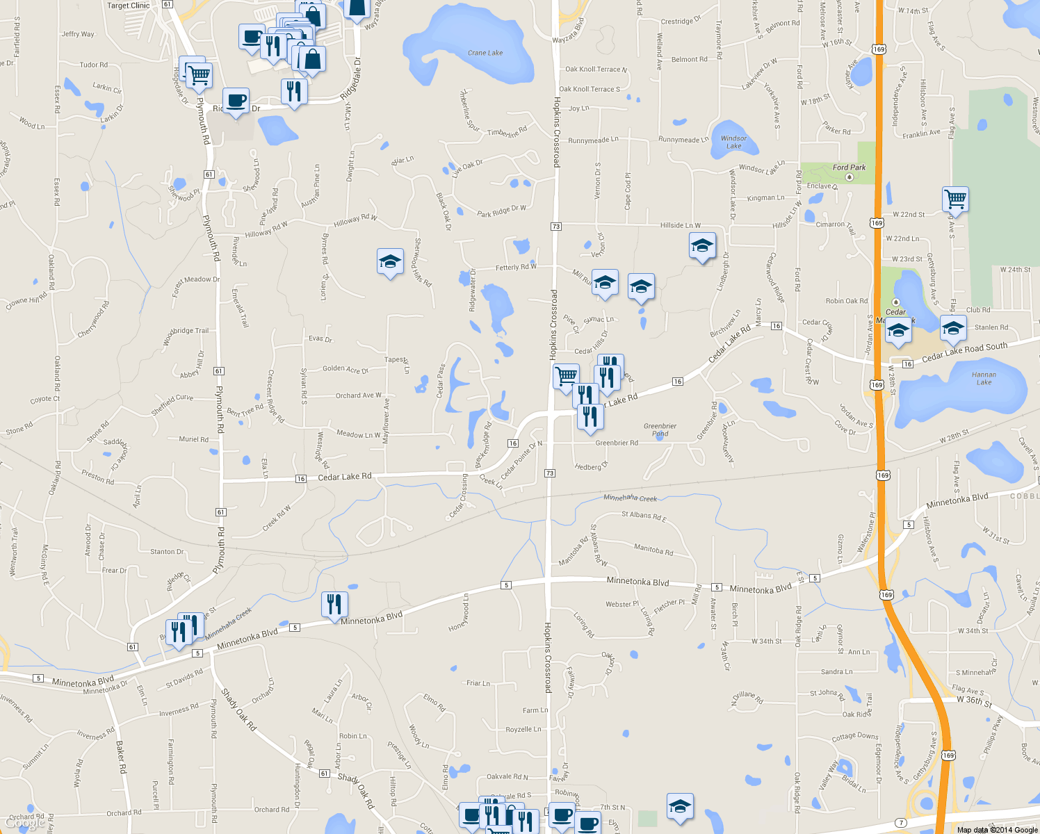 map of restaurants, bars, coffee shops, grocery stores, and more near 2685 Snowmass Circle in Hopkins