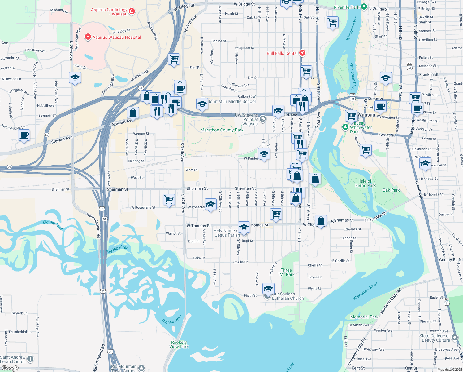 map of restaurants, bars, coffee shops, grocery stores, and more near 833 S 11th Ave in Wausau