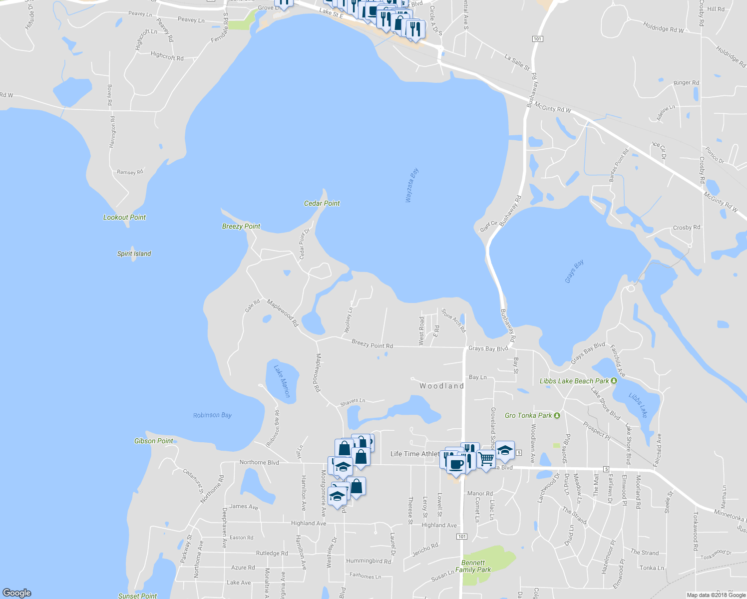 map of restaurants, bars, coffee shops, grocery stores, and more near 2755 Breezy Heights Road in Wayzata