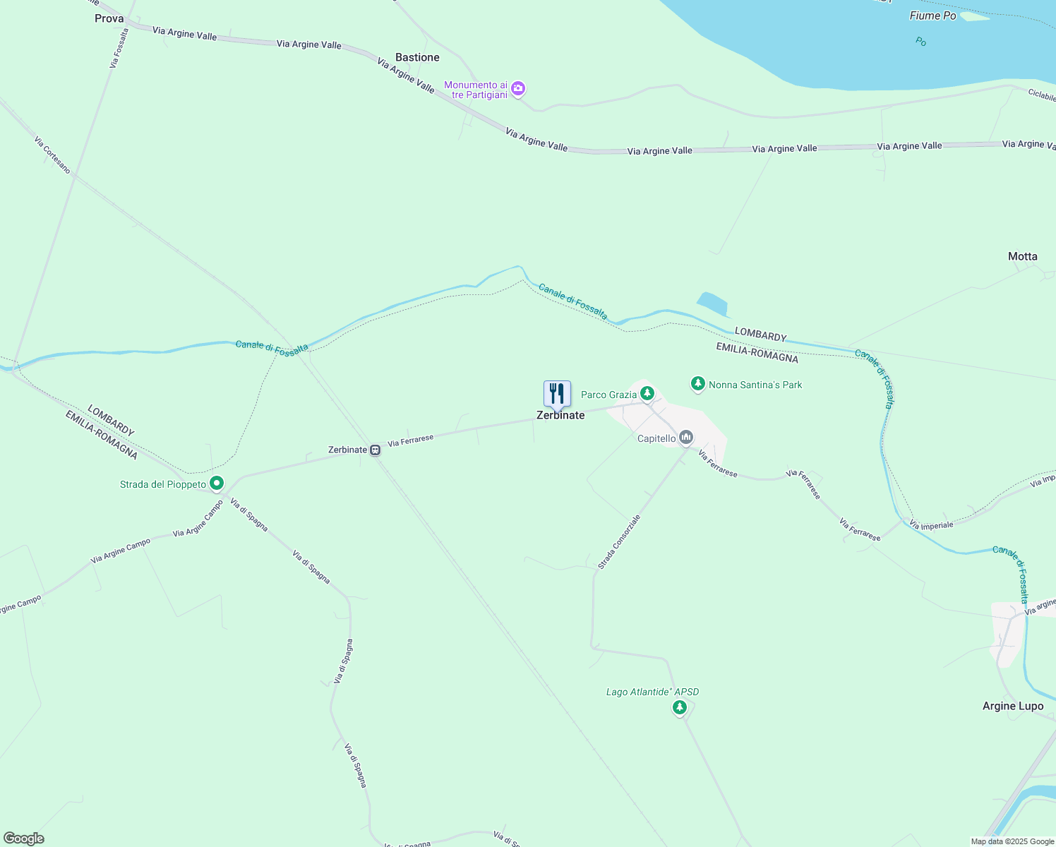 map of restaurants, bars, coffee shops, grocery stores, and more near 132 Via Ferrarese in Zerbinate