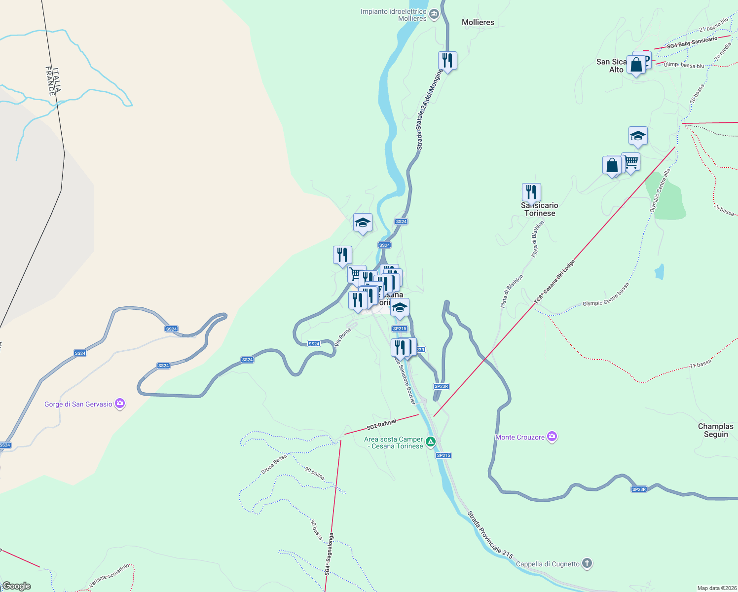 map of restaurants, bars, coffee shops, grocery stores, and more near 17 Viale Generale Sibille in Cesana Torinese