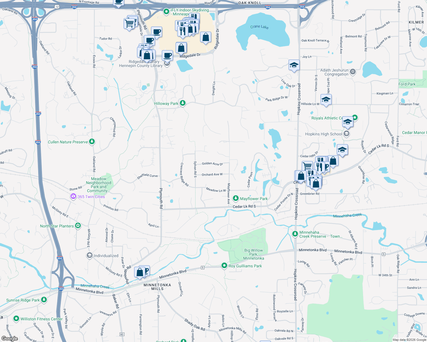 map of restaurants, bars, coffee shops, grocery stores, and more near 12116 Orchard Avenue West in Hopkins
