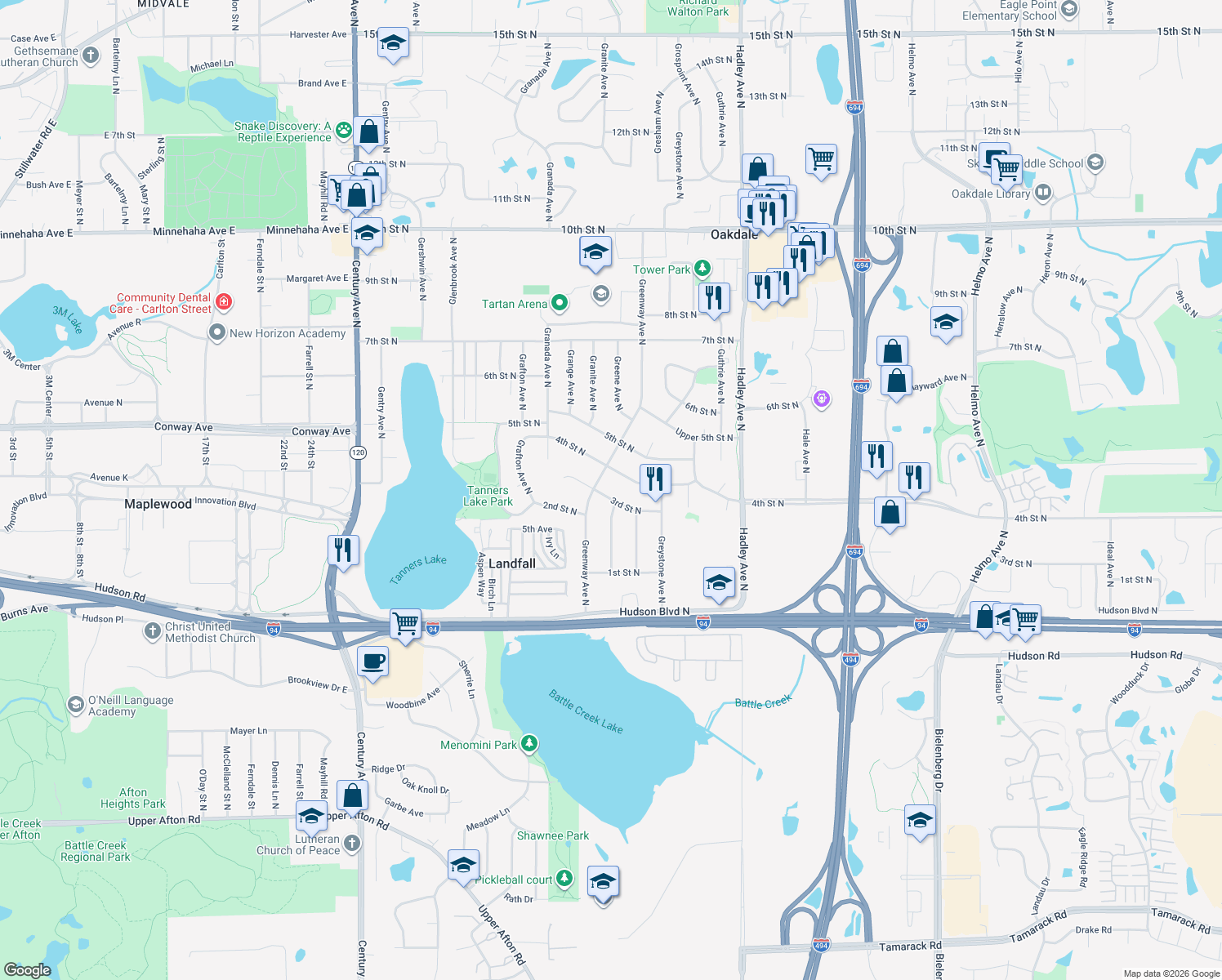 map of restaurants, bars, coffee shops, grocery stores, and more near 6630 3rd Street North in Saint Paul
