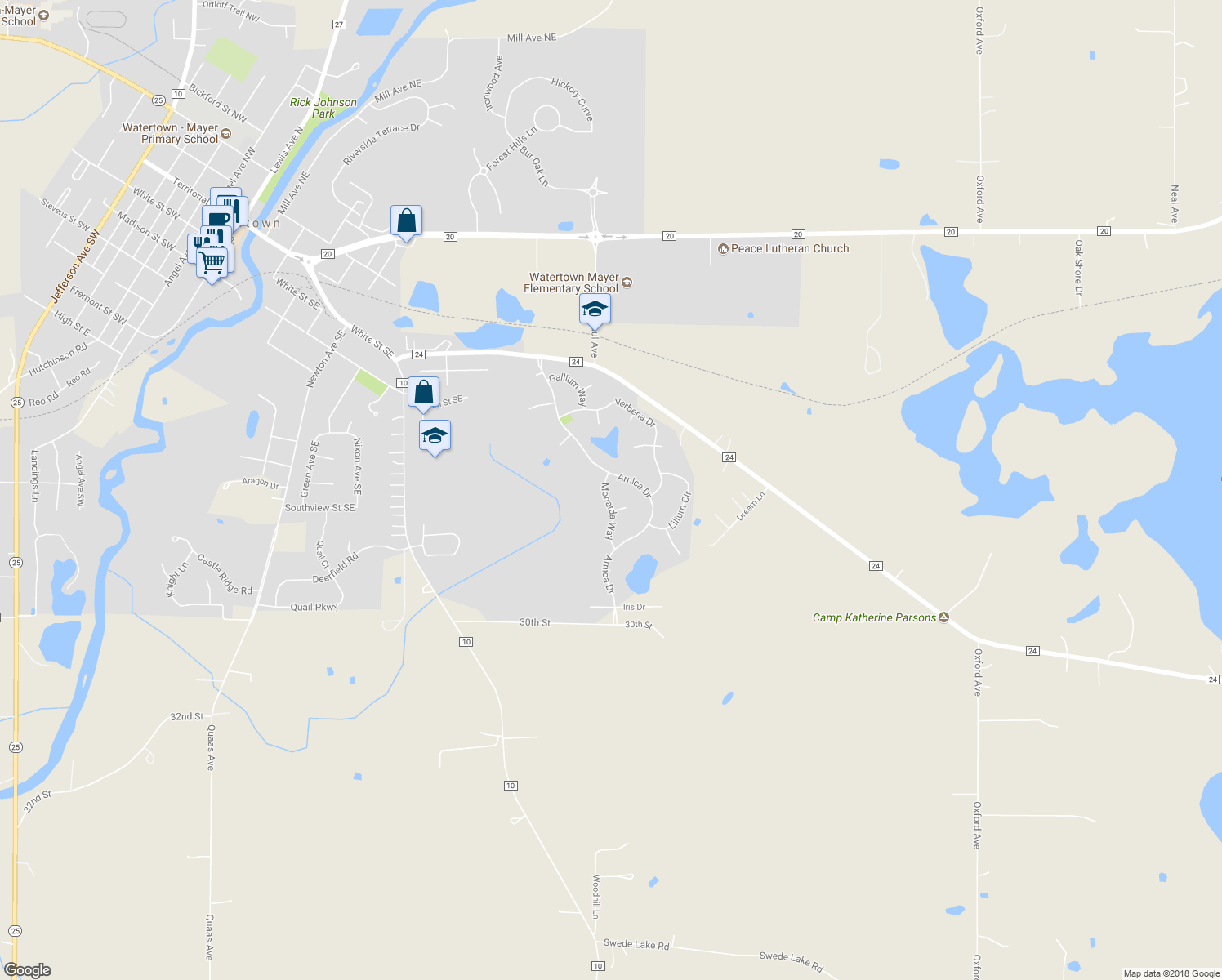 map of restaurants, bars, coffee shops, grocery stores, and more near 304 Monarda Way in Watertown