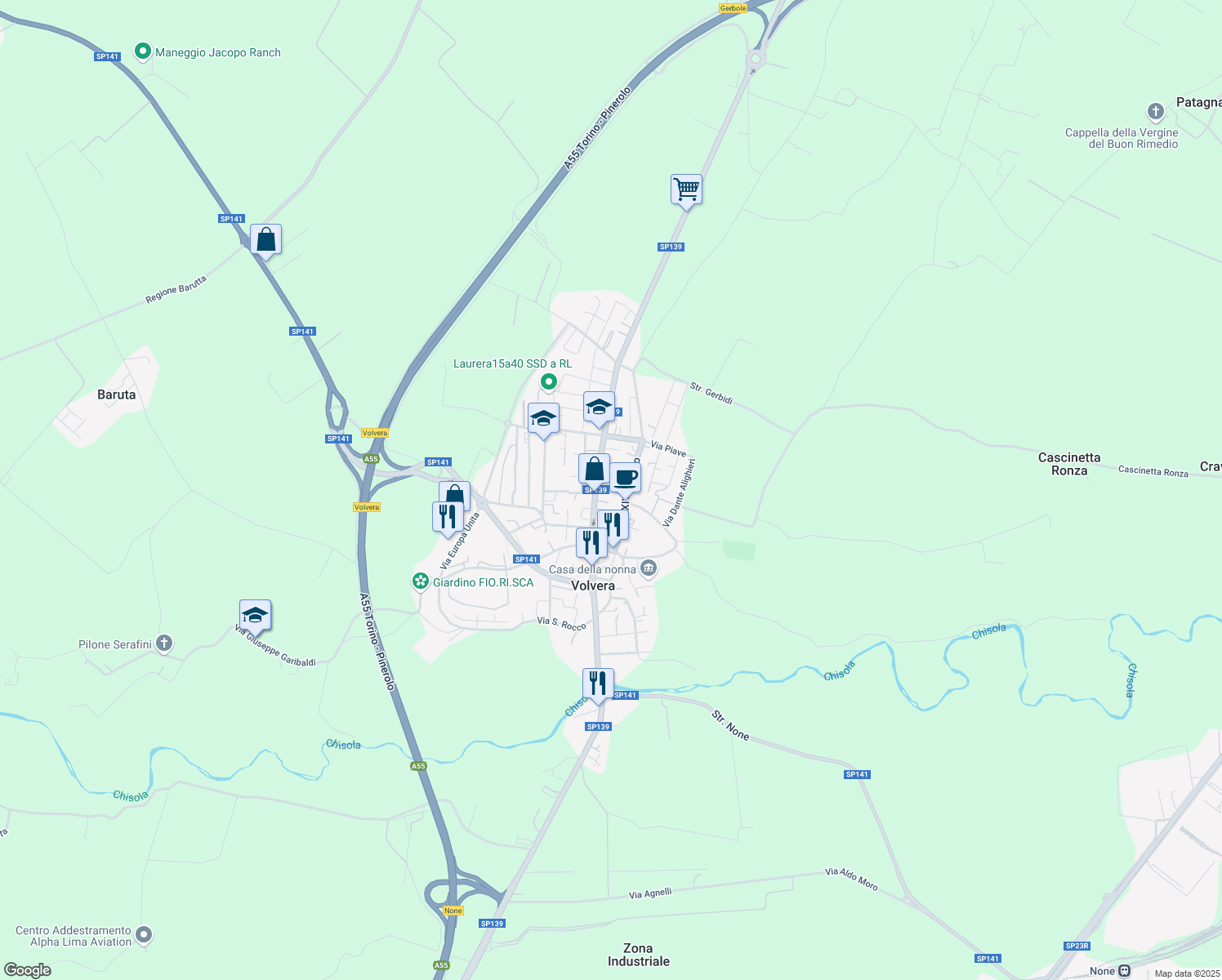 map of restaurants, bars, coffee shops, grocery stores, and more near 3 Vicolo Sclaverani in Volvera
