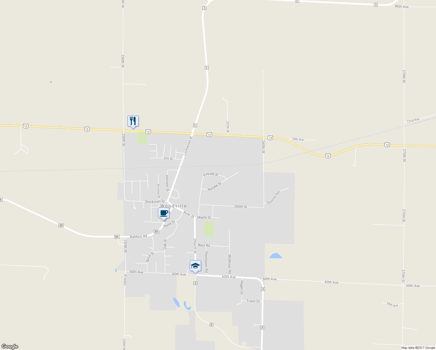 map of restaurants, bars, coffee shops, grocery stores, and more near Finvold Street in Woodville