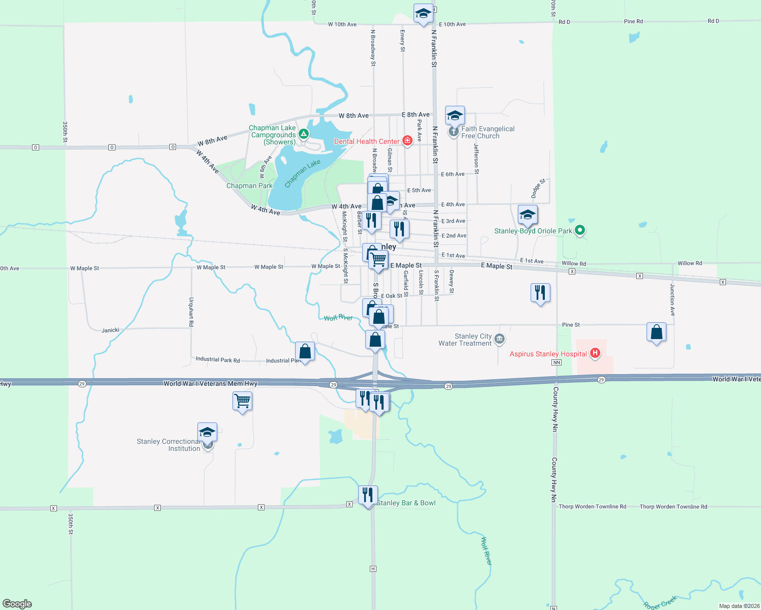 map of restaurants, bars, coffee shops, grocery stores, and more near 311 S Broadway St in Stanley