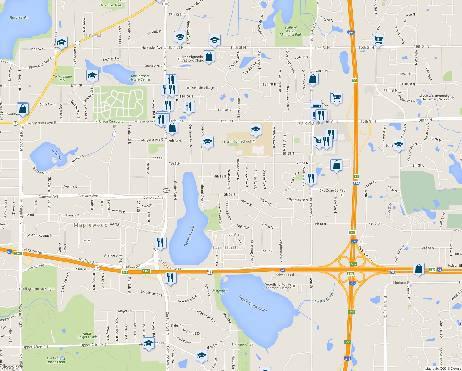 map of restaurants, bars, coffee shops, grocery stores, and more near 513 Grafton Avenue North in Oakdale