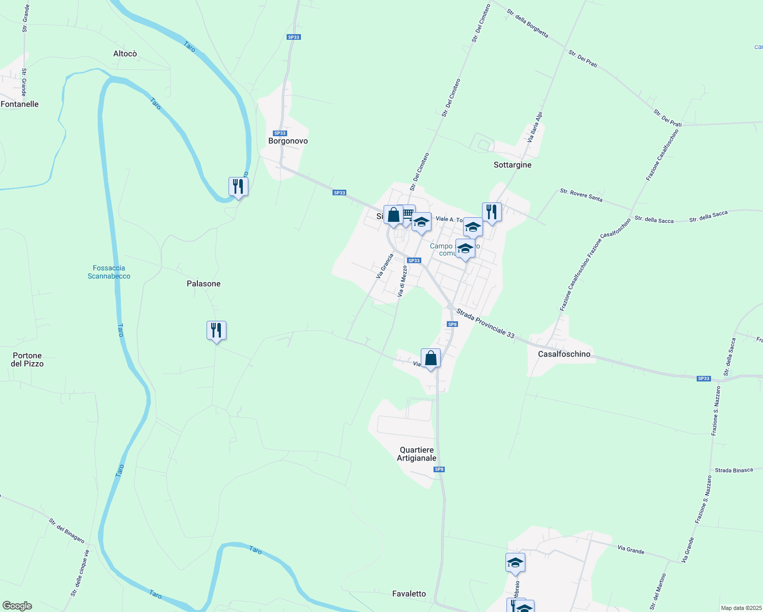 map of restaurants, bars, coffee shops, grocery stores, and more near 9 Via Mario Bosi in Sissa Trecasali