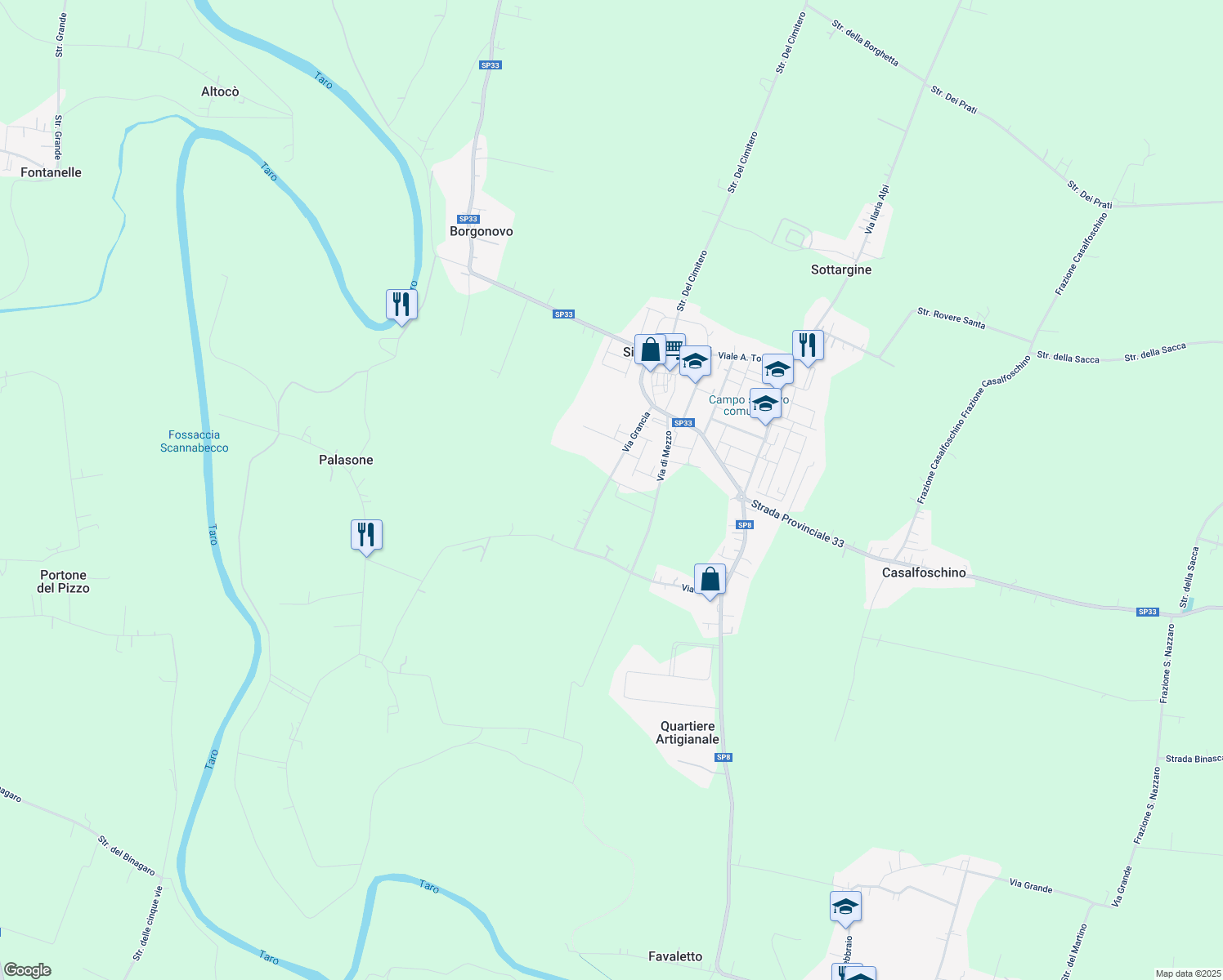map of restaurants, bars, coffee shops, grocery stores, and more near 1 Via Giuseppe Impastato in Provincia di Parma