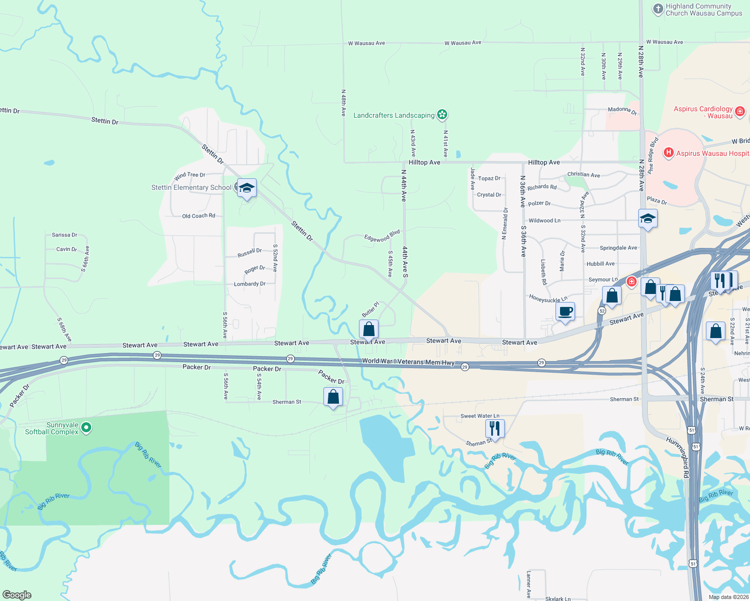 map of restaurants, bars, coffee shops, grocery stores, and more near 612 Butler Pl in Wausau