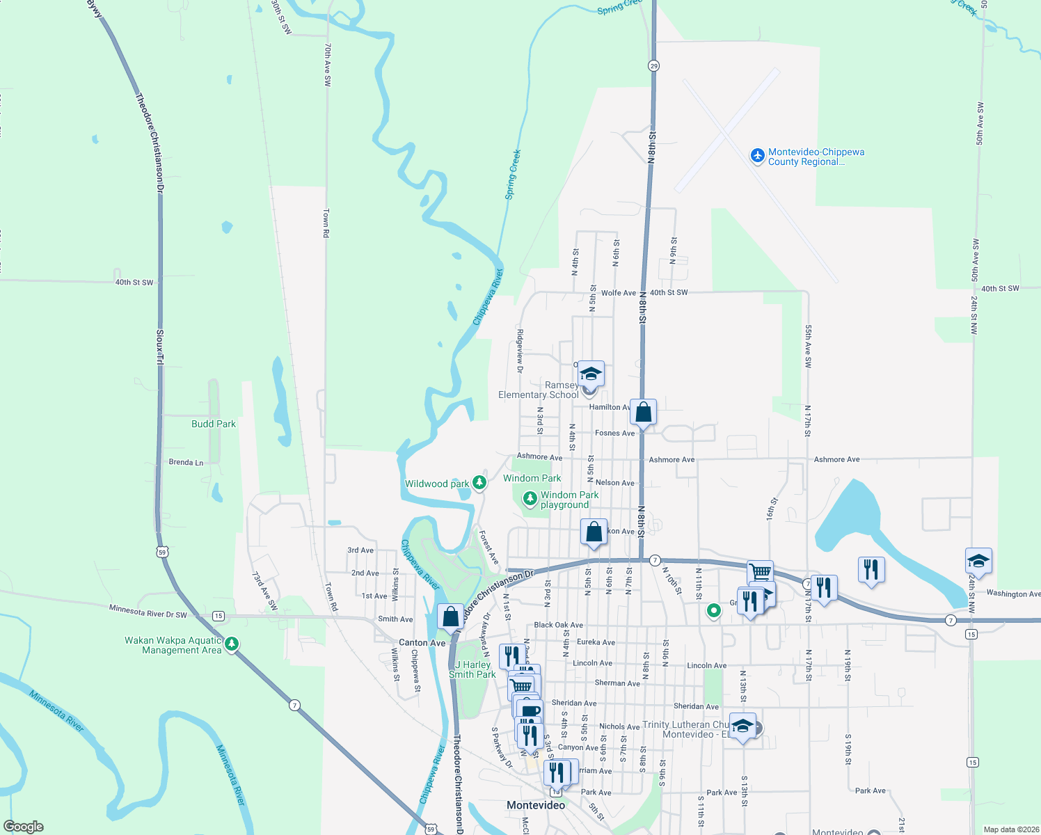map of restaurants, bars, coffee shops, grocery stores, and more near 1208 Ridgeview Drive in Montevideo
