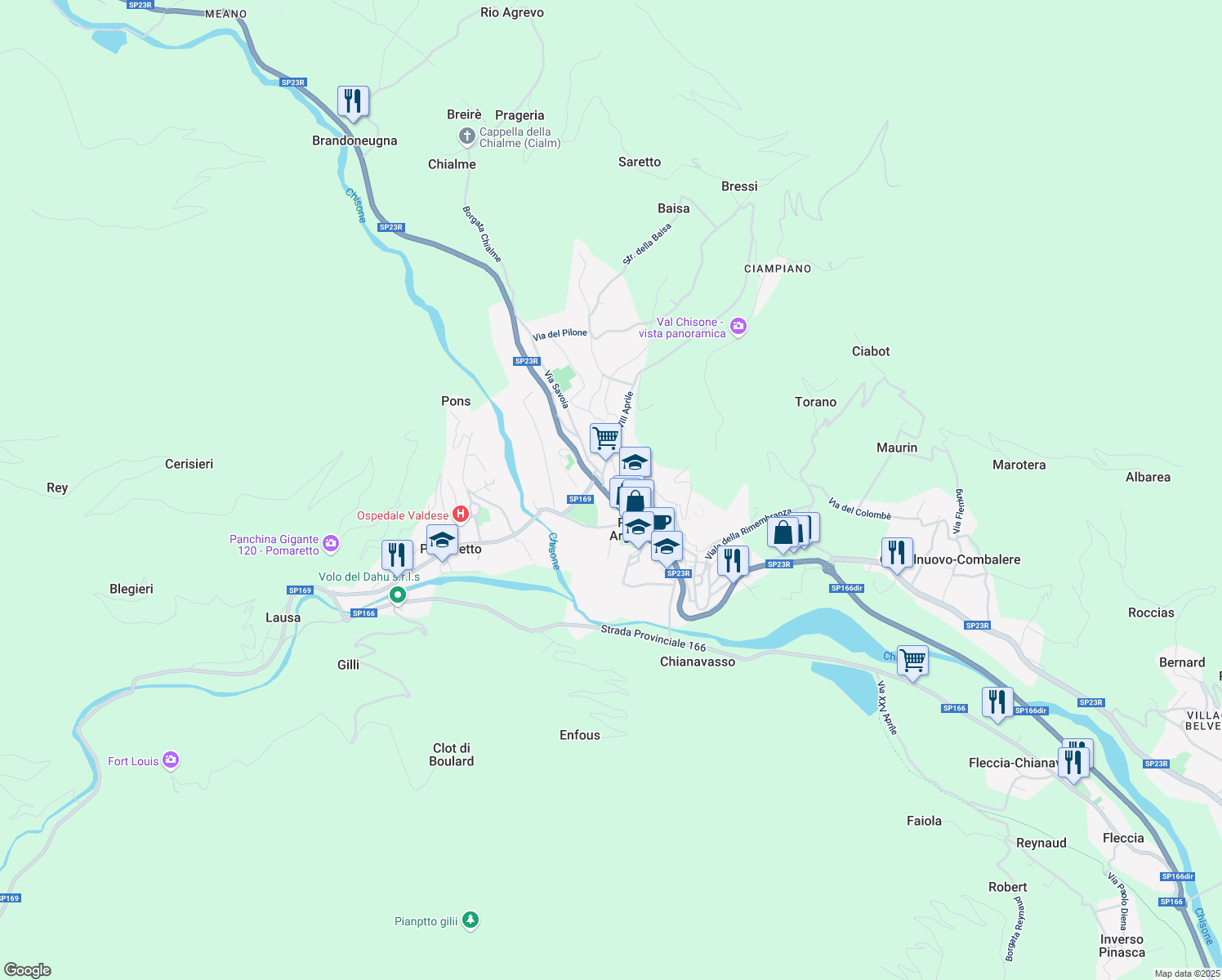 map of restaurants, bars, coffee shops, grocery stores, and more near 2 Via IV Novembre in Perosa Argentina