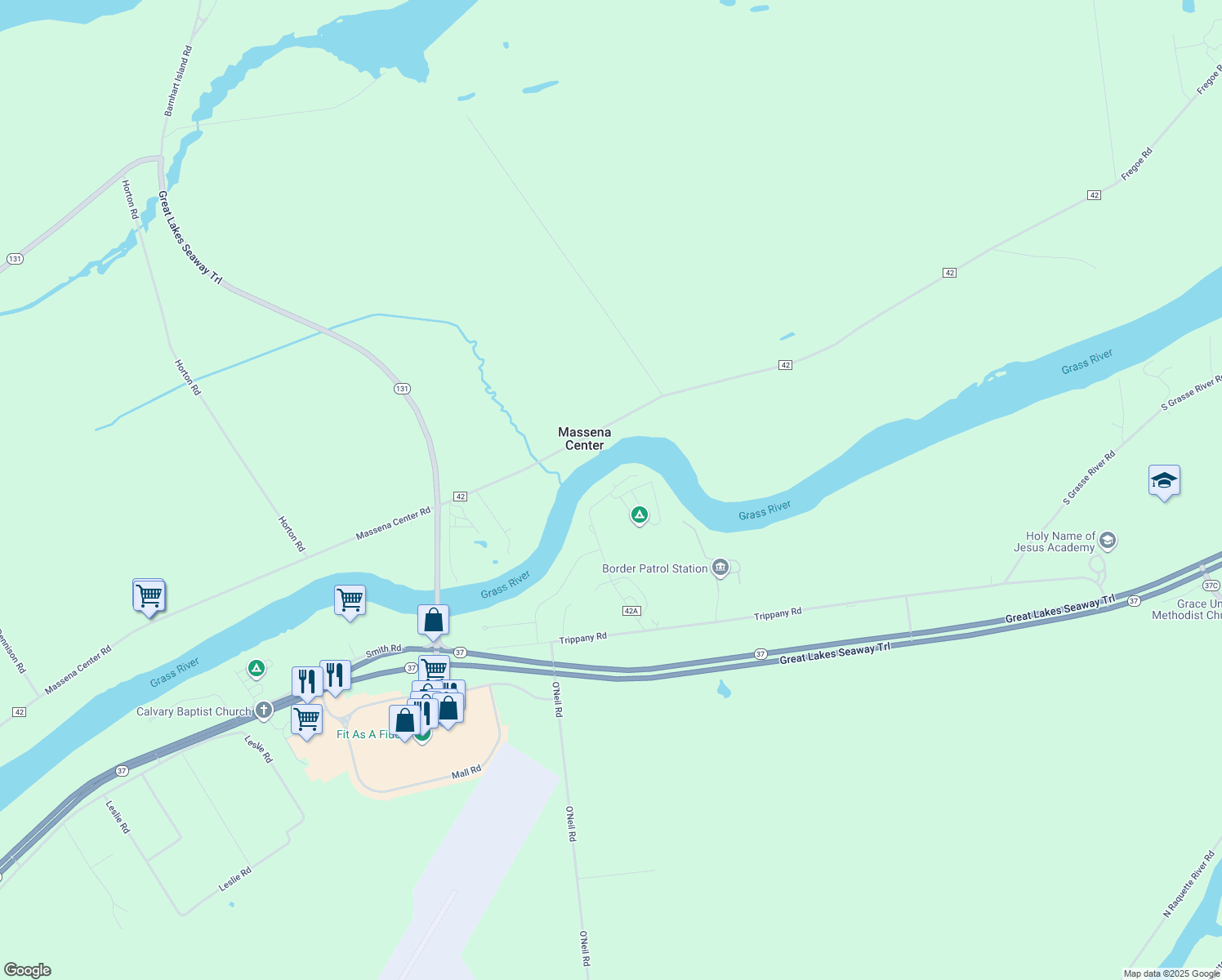 map of restaurants, bars, coffee shops, grocery stores, and more near 81 Massena-Massena Center Rd in Massena