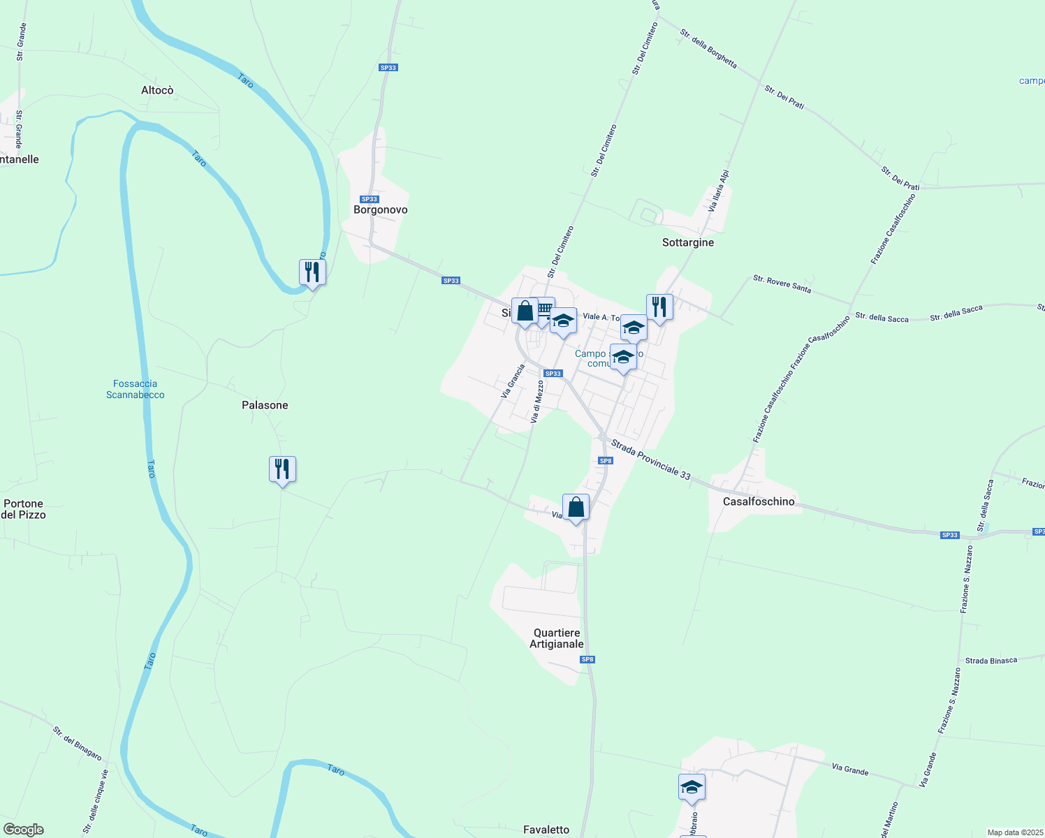 map of restaurants, bars, coffee shops, grocery stores, and more near 9 Via Mario Bosi in Sissa Trecasali
