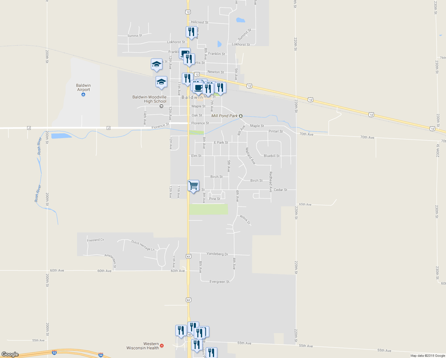 map of restaurants, bars, coffee shops, grocery stores, and more near 1730 6th Avenue in Baldwin