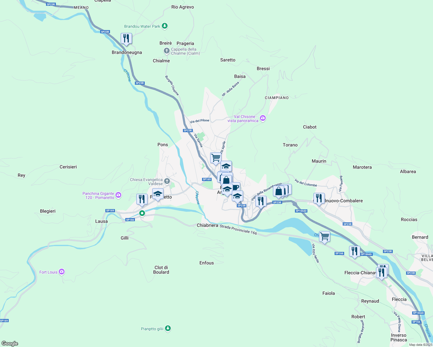 map of restaurants, bars, coffee shops, grocery stores, and more near 2 Via IV Novembre in Perosa Argentina