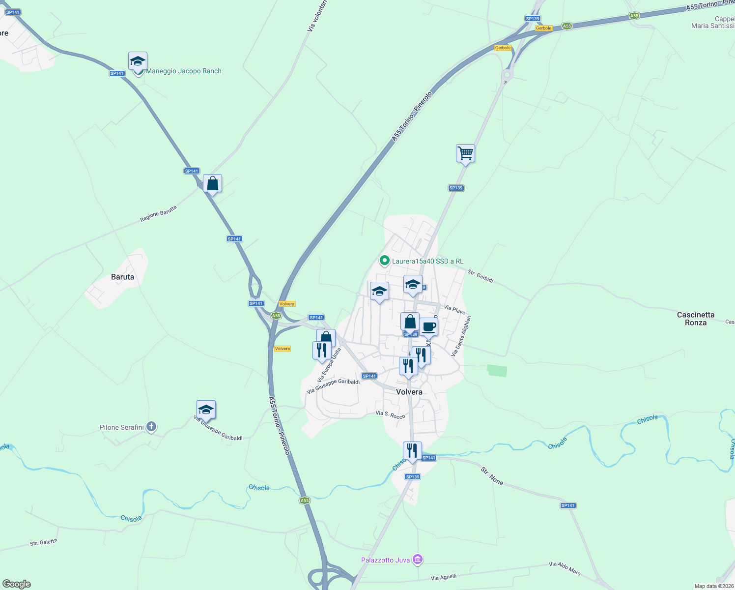 map of restaurants, bars, coffee shops, grocery stores, and more near 3 Via Alessandro Manzoni in Volvera