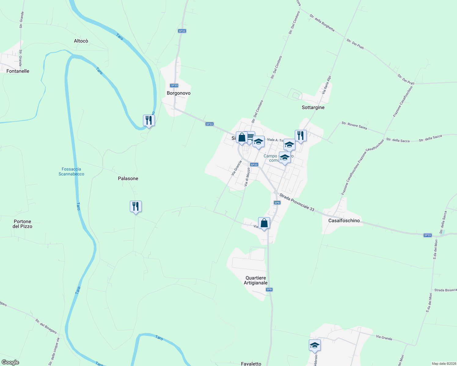map of restaurants, bars, coffee shops, grocery stores, and more near 1 Via Giuseppe Impastato in Provincia di Parma