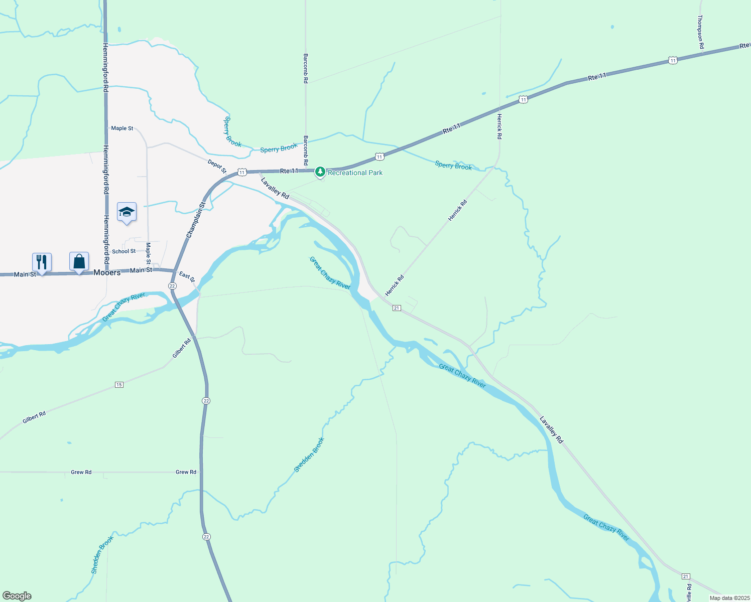 map of restaurants, bars, coffee shops, grocery stores, and more near 1463 Lavalley Road in Mooers