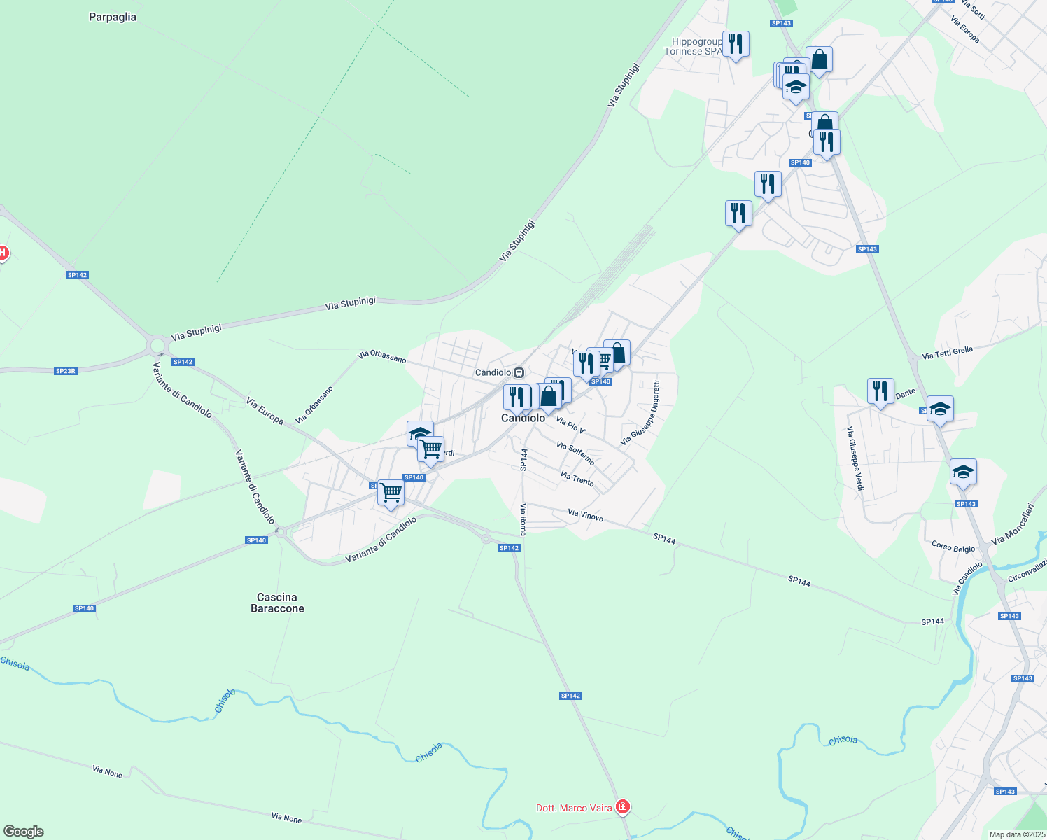 map of restaurants, bars, coffee shops, grocery stores, and more near 4 Vicolo Gastaldi in Candiolo