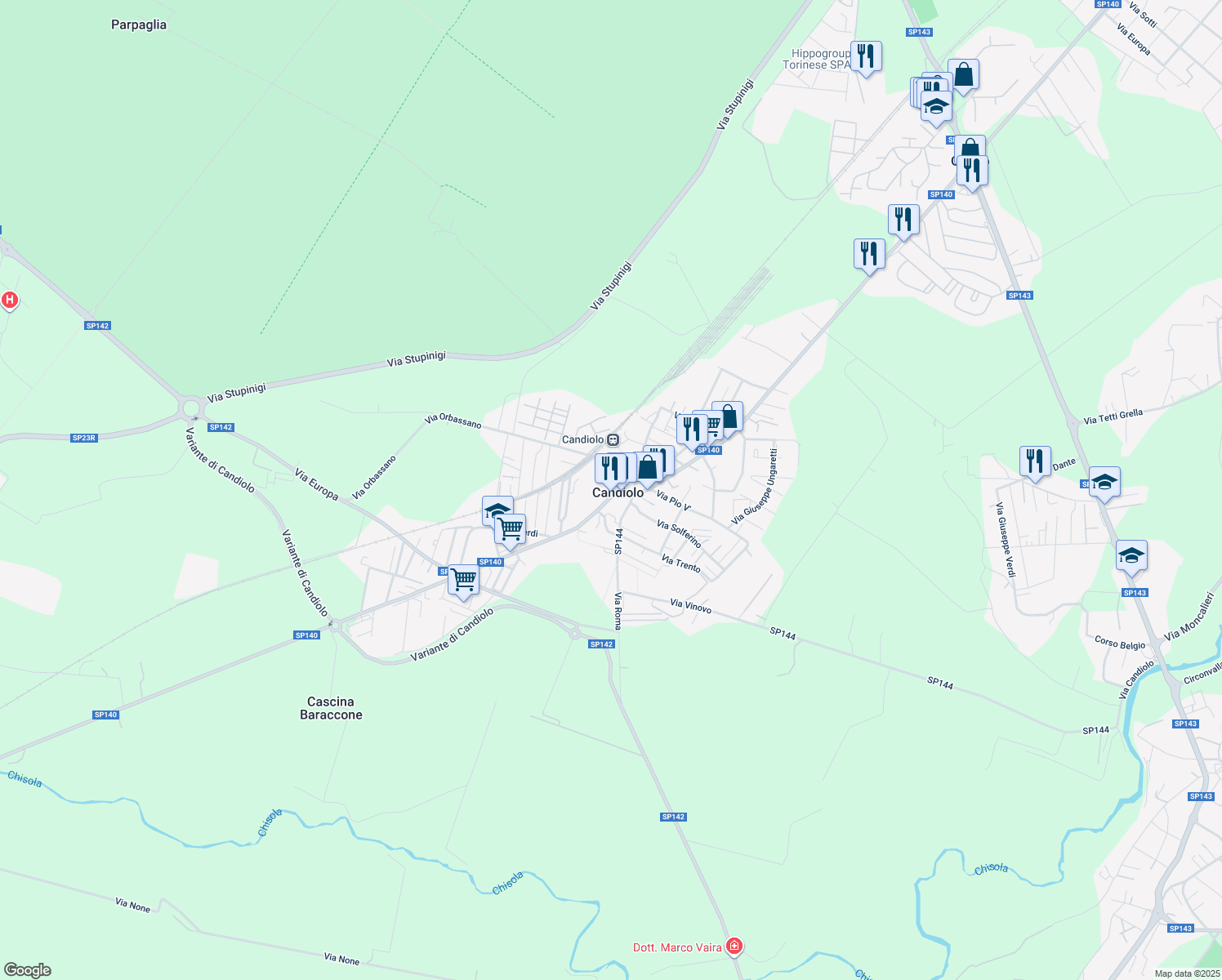 map of restaurants, bars, coffee shops, grocery stores, and more near 4 Vicolo Gastaldi in Candiolo