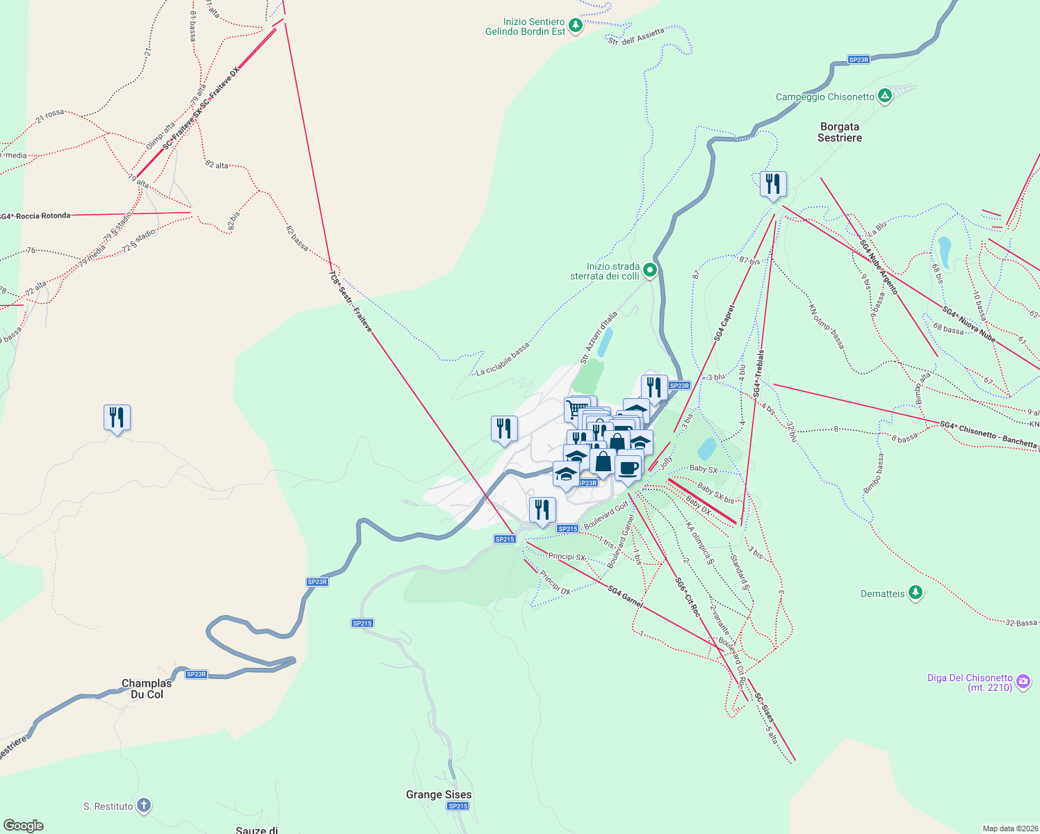 map of restaurants, bars, coffee shops, grocery stores, and more near 6A Via Monterotta in Sestriere