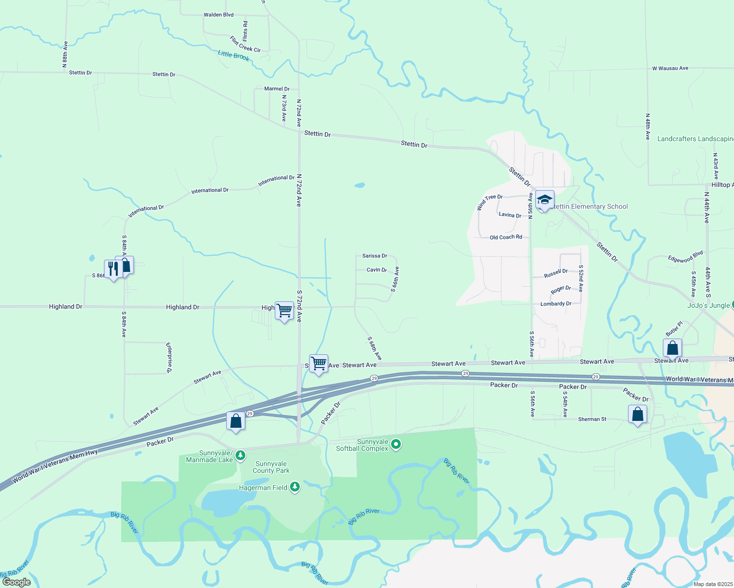 map of restaurants, bars, coffee shops, grocery stores, and more near 6708 Conner Davis Drive in Wausau