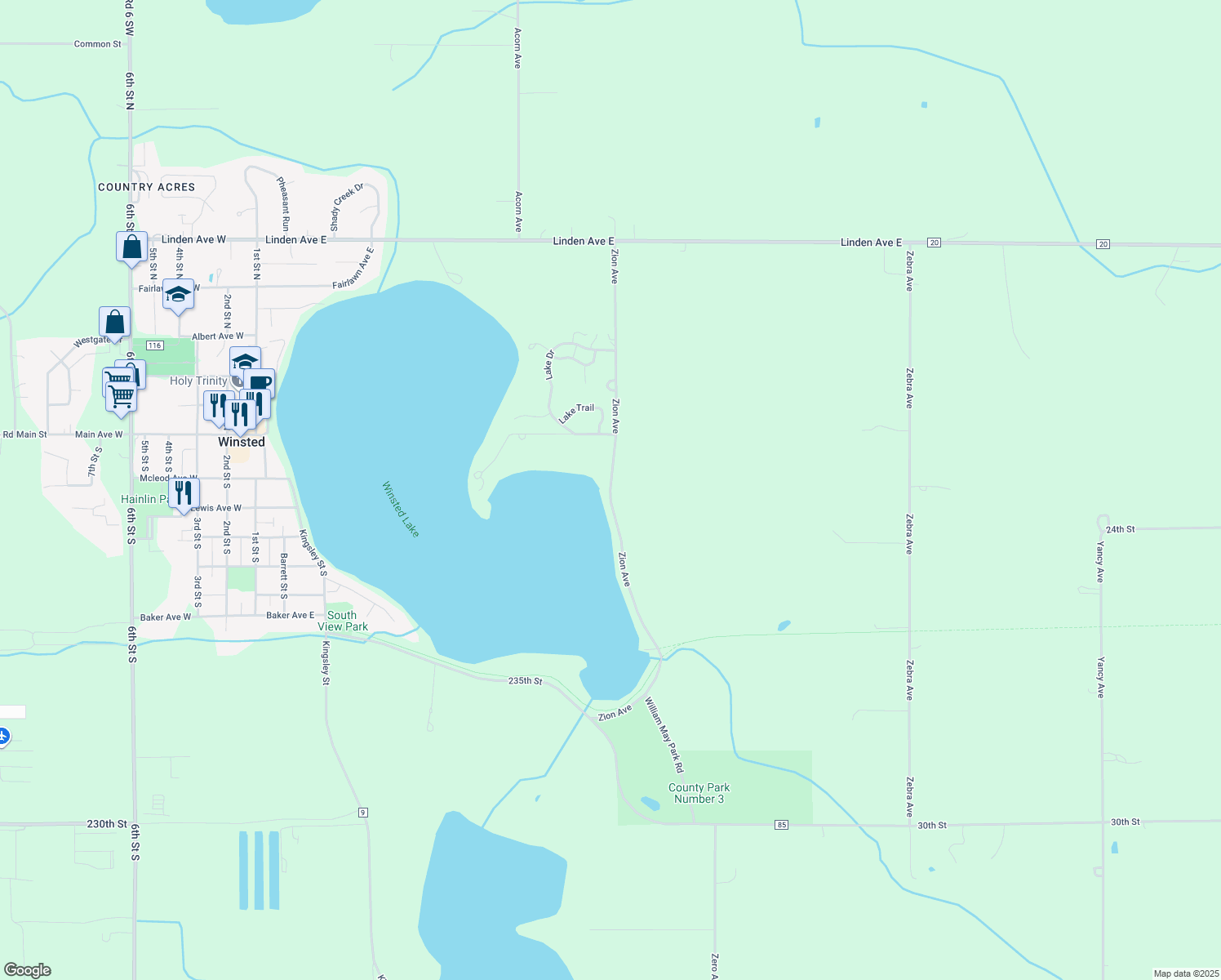 map of restaurants, bars, coffee shops, grocery stores, and more near Zion Avenue in Winsted