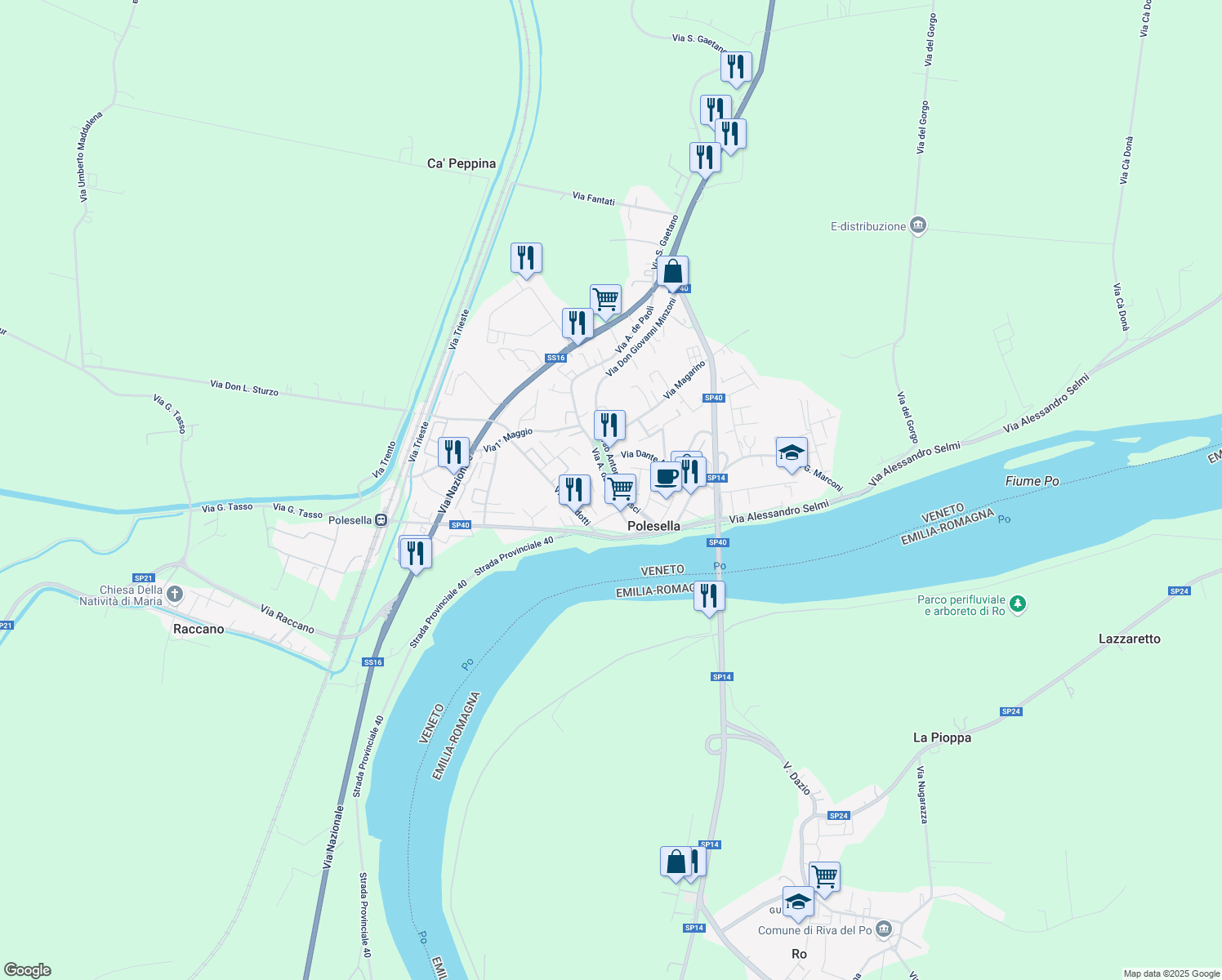 map of restaurants, bars, coffee shops, grocery stores, and more near 182-338 Corso Antonio Gramsci in Polesella