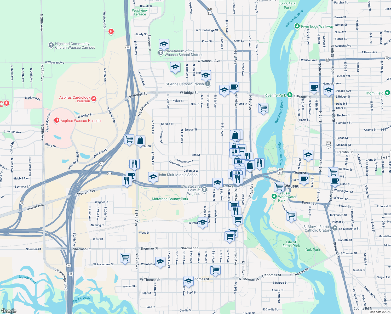 map of restaurants, bars, coffee shops, grocery stores, and more near 901 Elm Street in Wausau