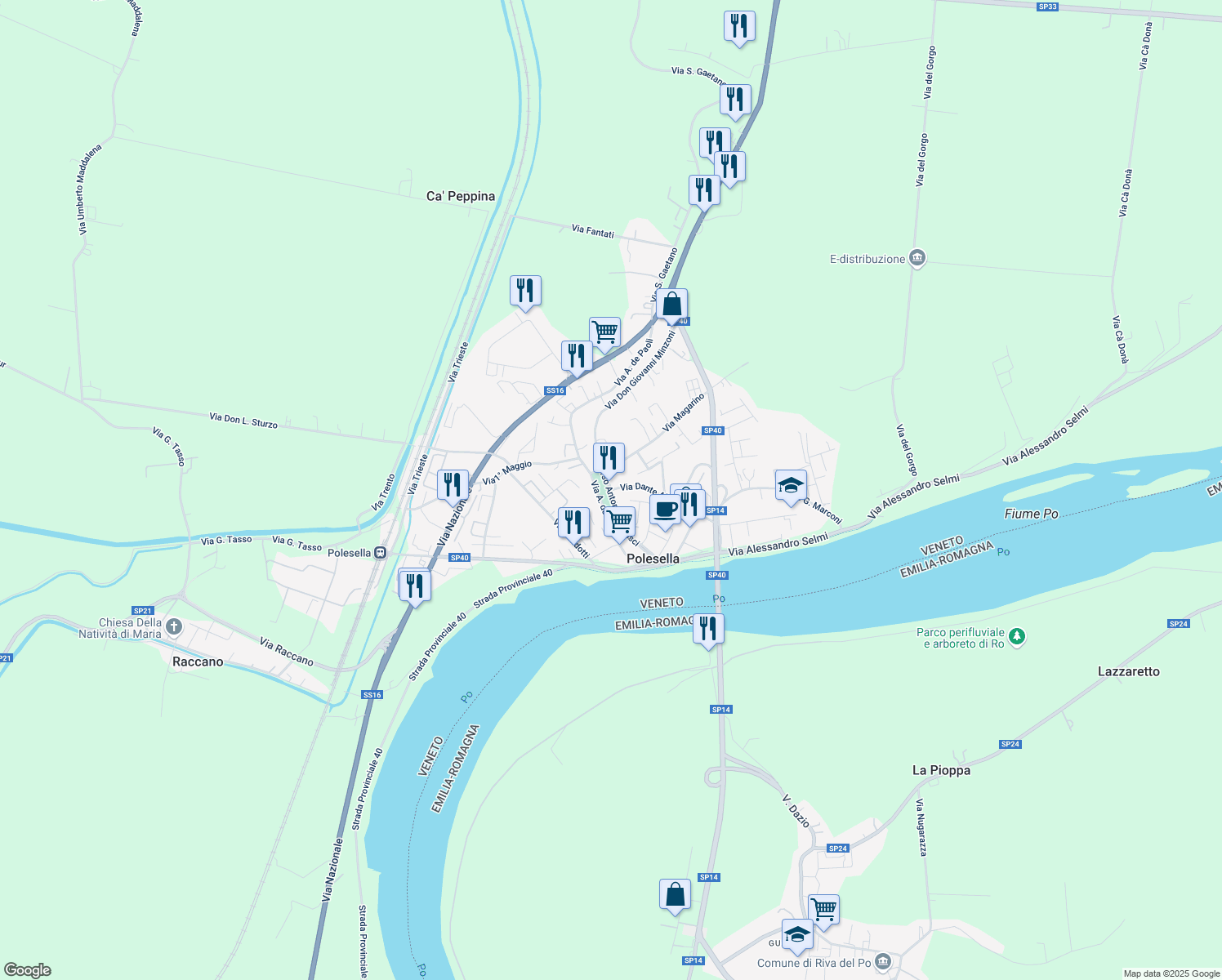 map of restaurants, bars, coffee shops, grocery stores, and more near 338 Corso Antonio Gramsci in Polesella