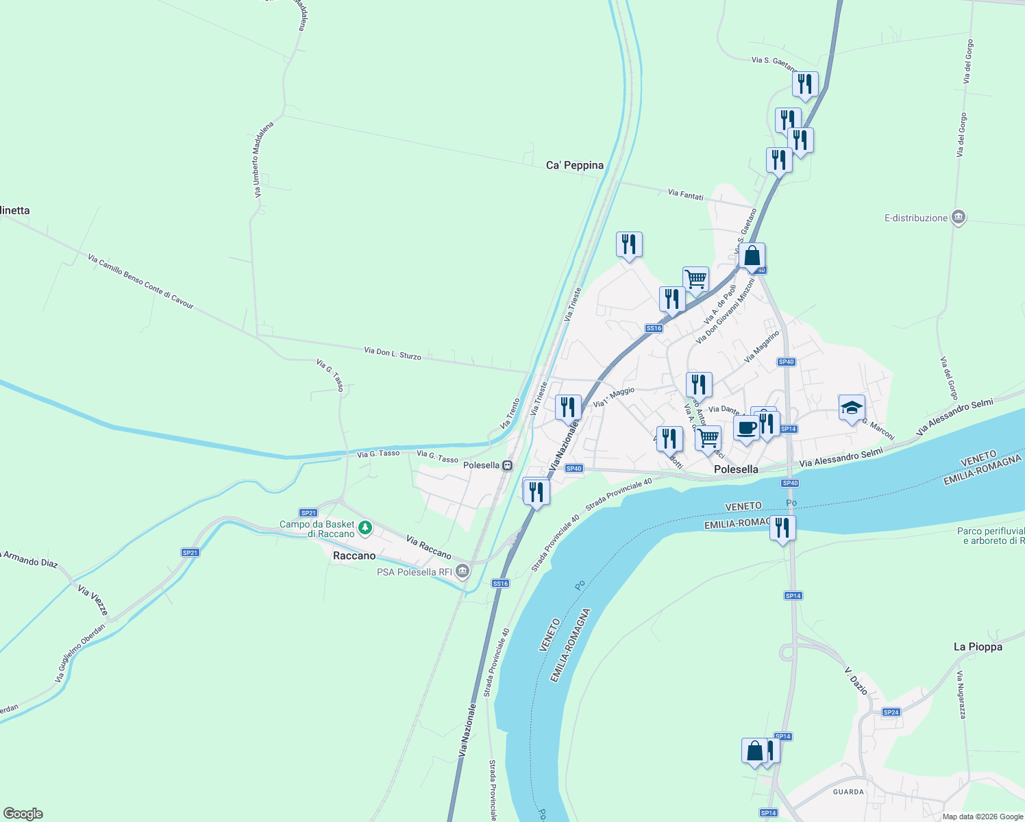 map of restaurants, bars, coffee shops, grocery stores, and more near 157 Via Trento in Provincia di Rovigo
