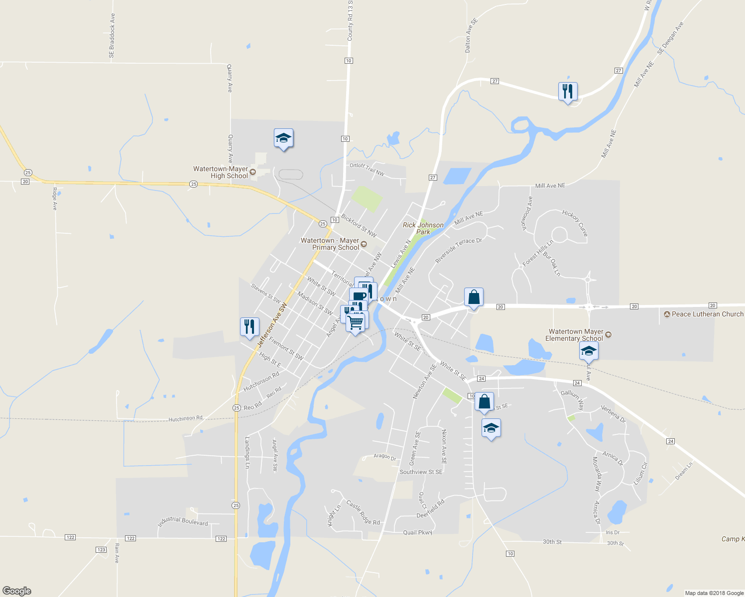 map of restaurants, bars, coffee shops, grocery stores, and more near 101 Lewis Avenue North in Watertown