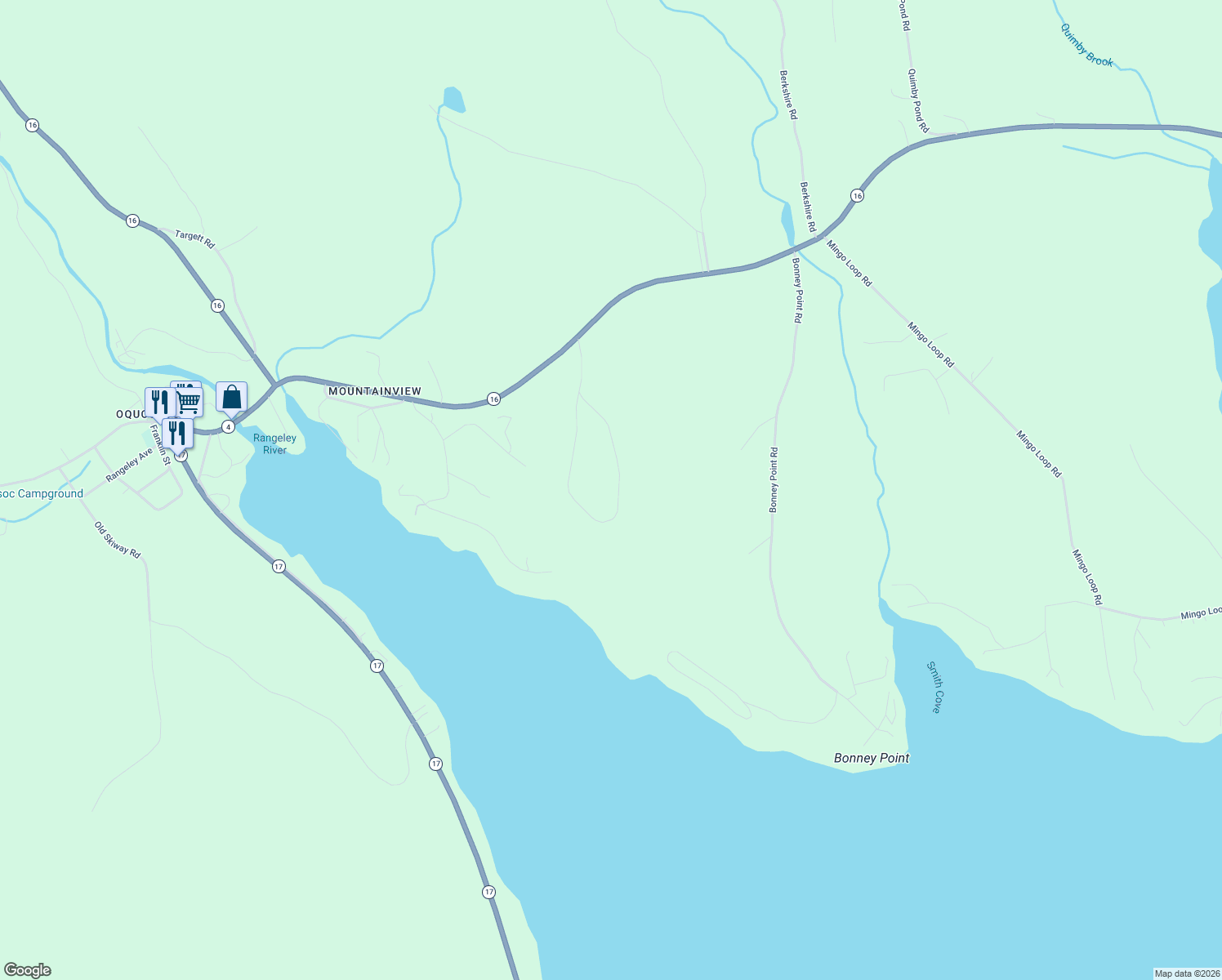 map of restaurants, bars, coffee shops, grocery stores, and more near 128 Wheeler Road in Rangeley