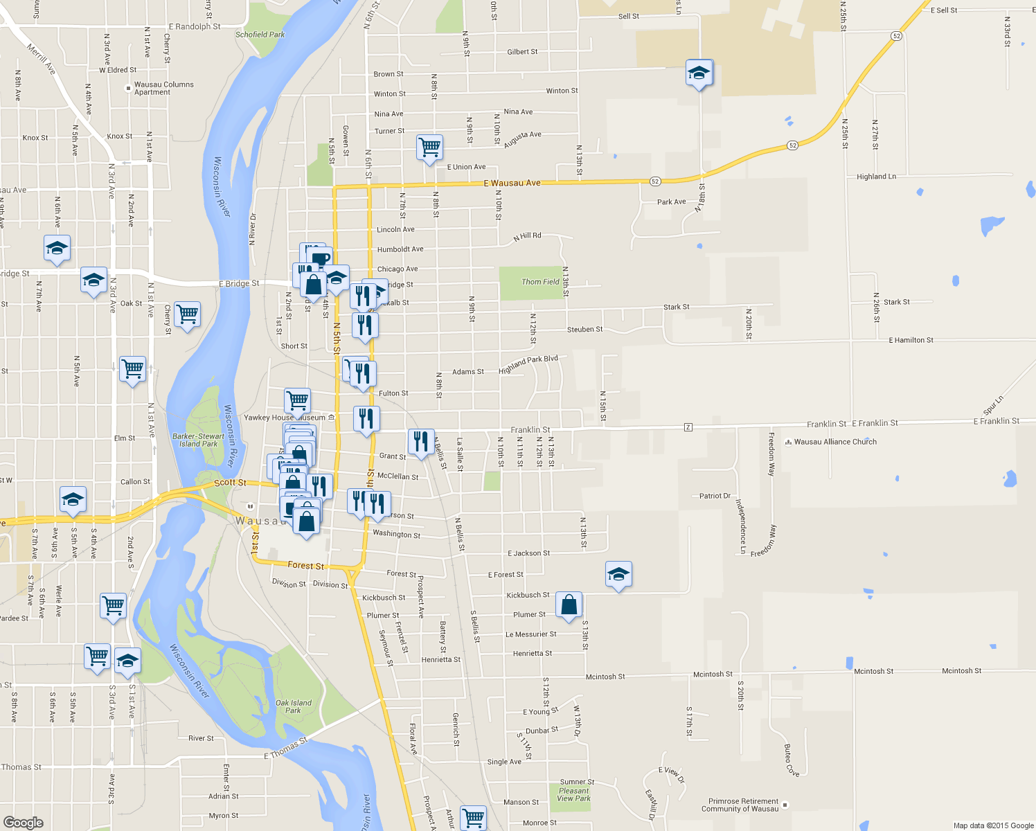 map of restaurants, bars, coffee shops, grocery stores, and more near 1017 Mcindoe Street in Wausau
