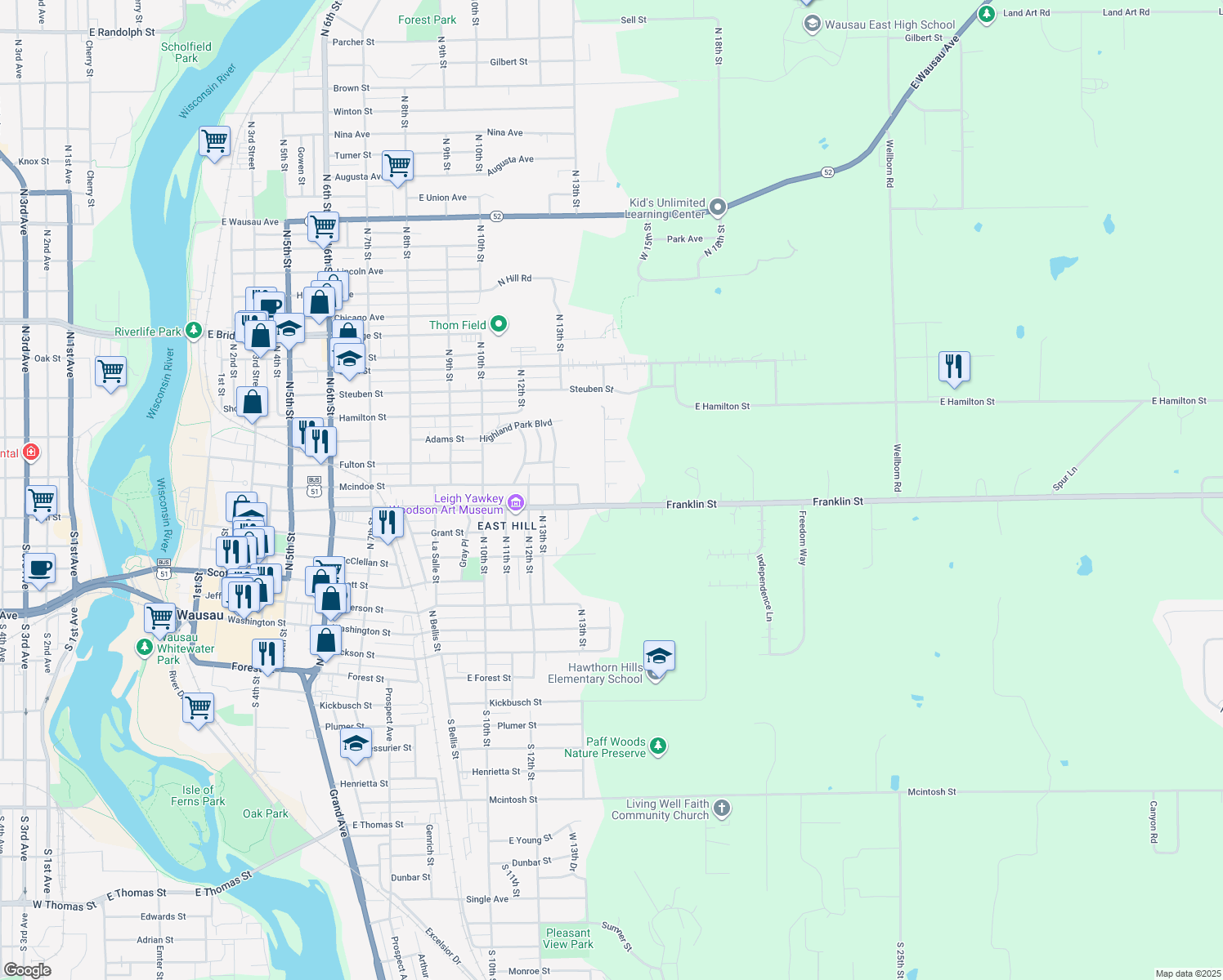 map of restaurants, bars, coffee shops, grocery stores, and more near 1503 Mcindoe Ct in Wausau