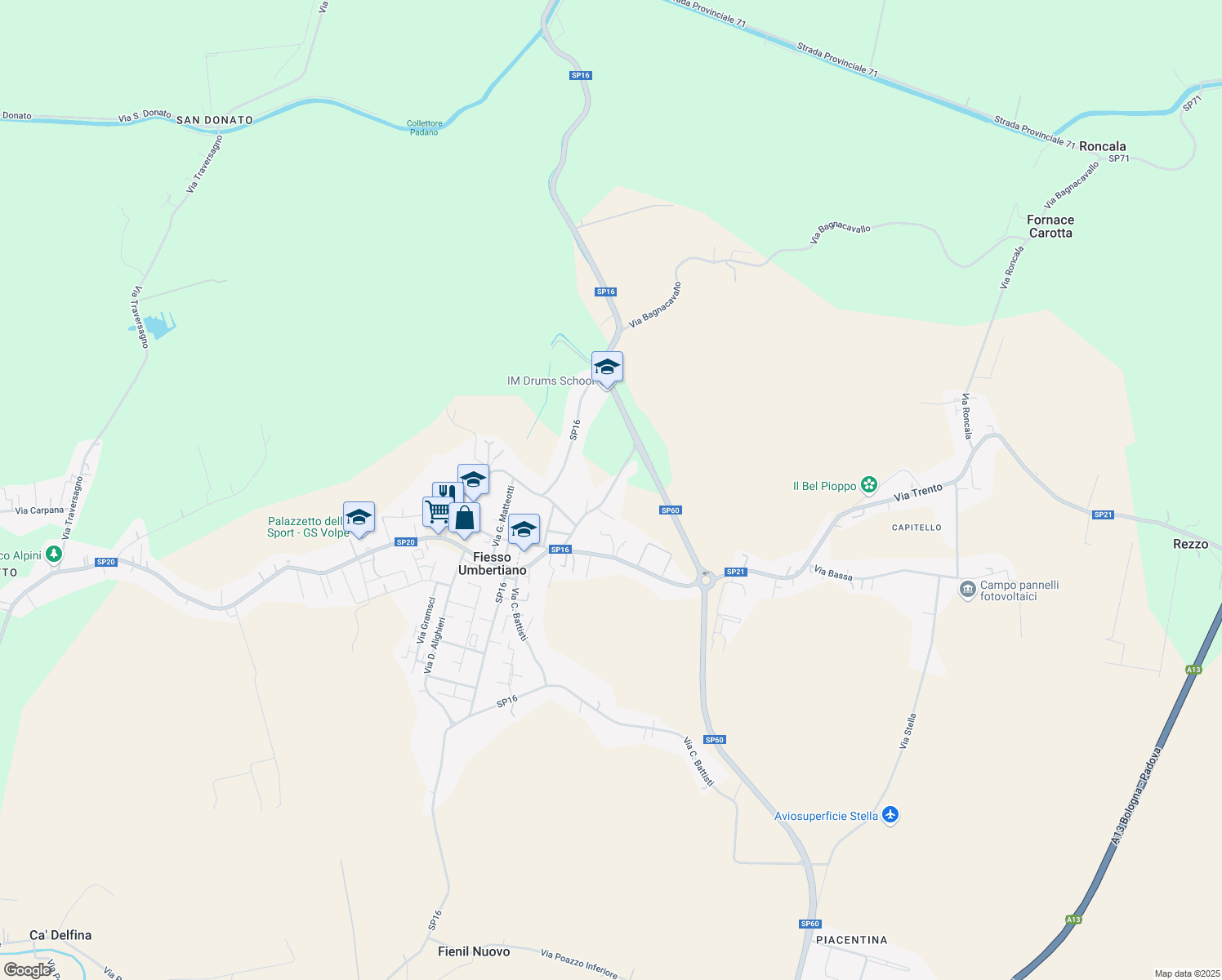 map of restaurants, bars, coffee shops, grocery stores, and more near 320 Via Tassona in Fiesso Umbertiano
