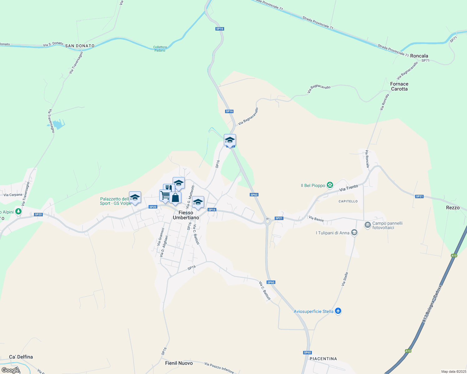 map of restaurants, bars, coffee shops, grocery stores, and more near 320 Via Tassona in Fiesso Umbertiano