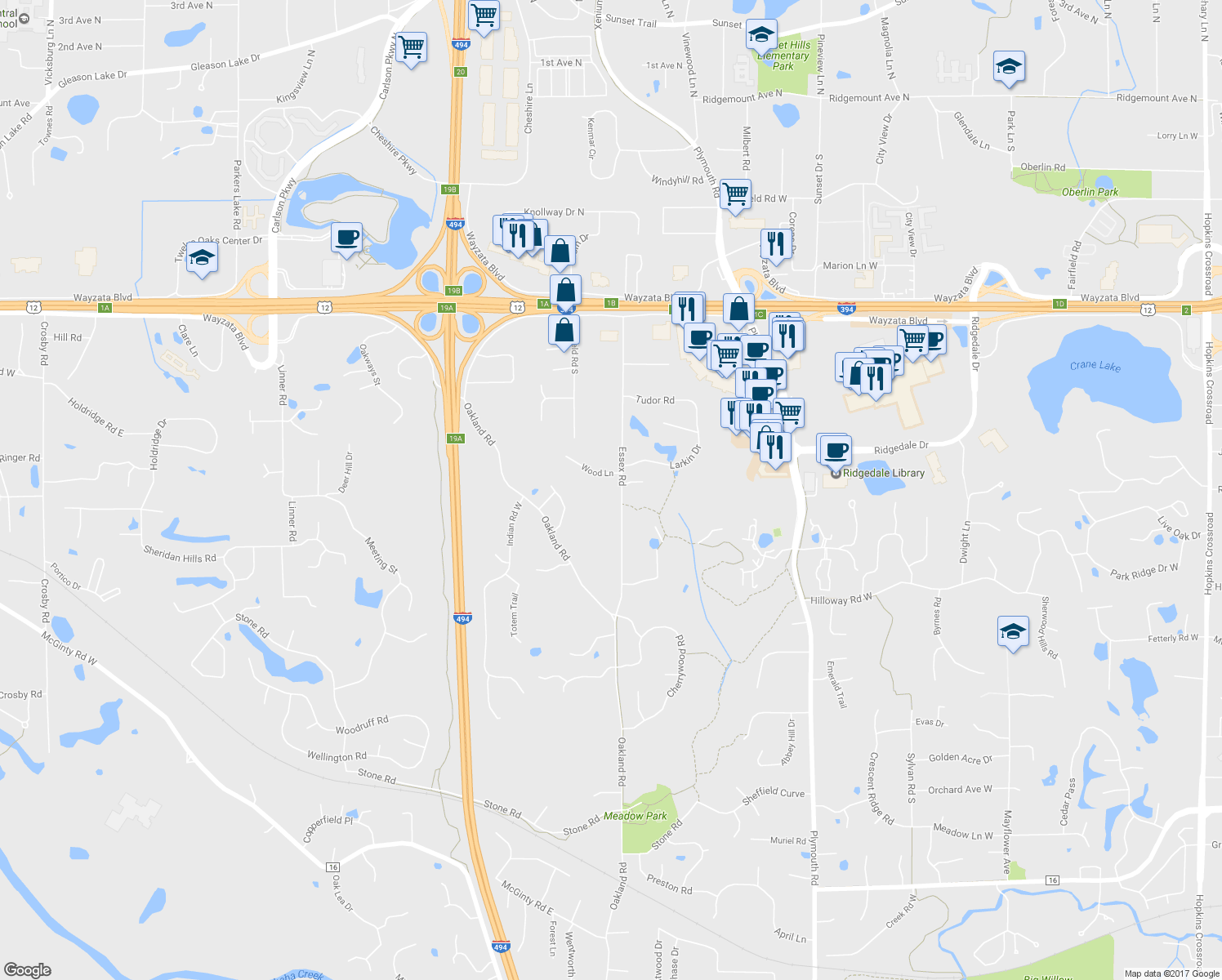 map of restaurants, bars, coffee shops, grocery stores, and more near 13705 Wood Lane in Minnetonka