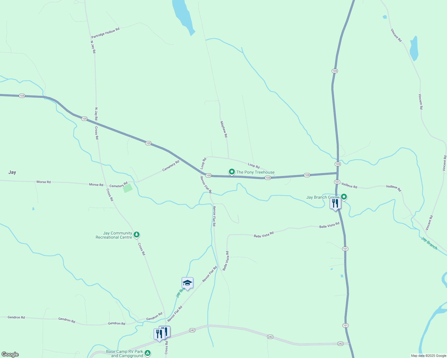 map of restaurants, bars, coffee shops, grocery stores, and more near State Highway 105 in Jay