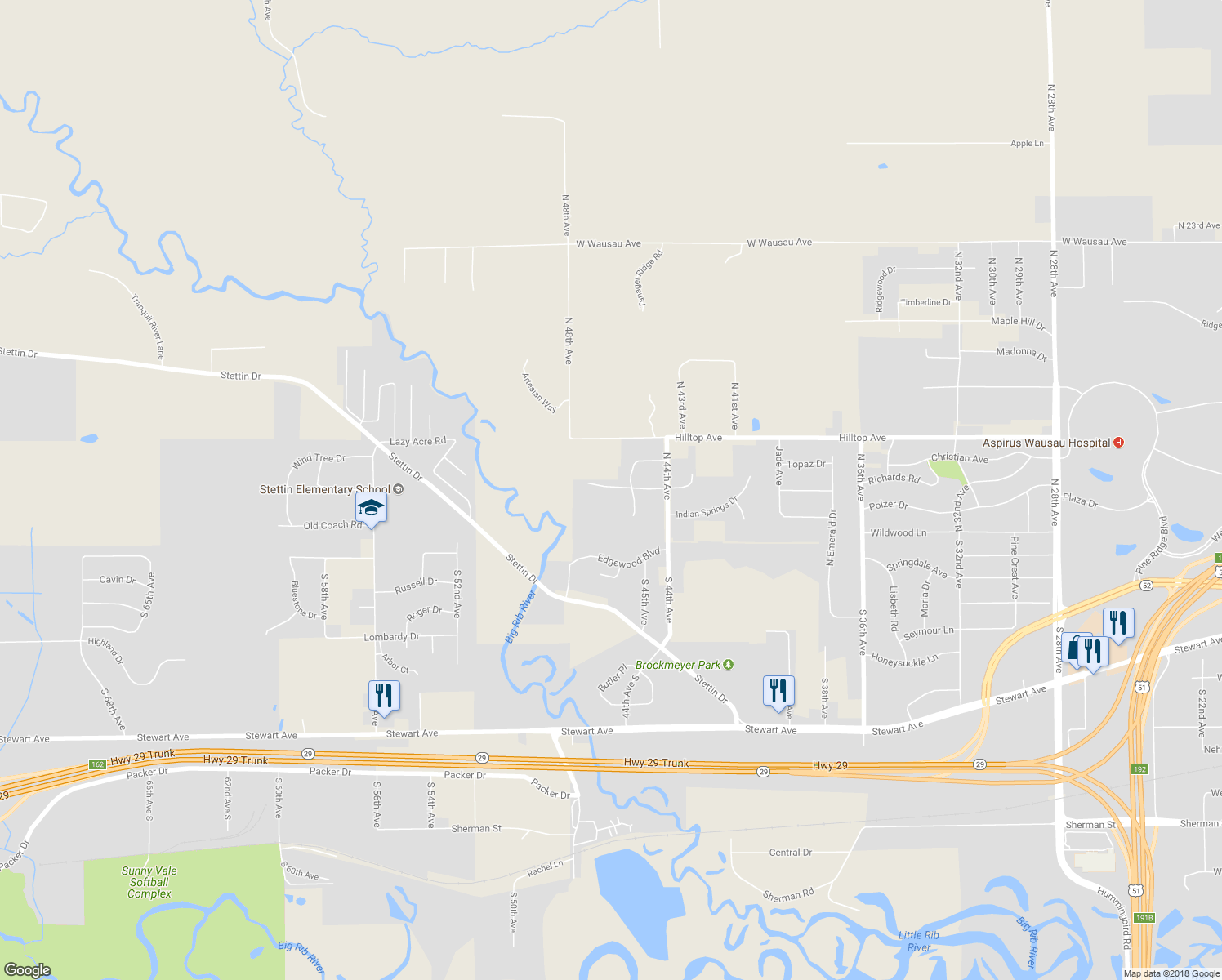 map of restaurants, bars, coffee shops, grocery stores, and more near 4615 Rib River Trail in Wausau