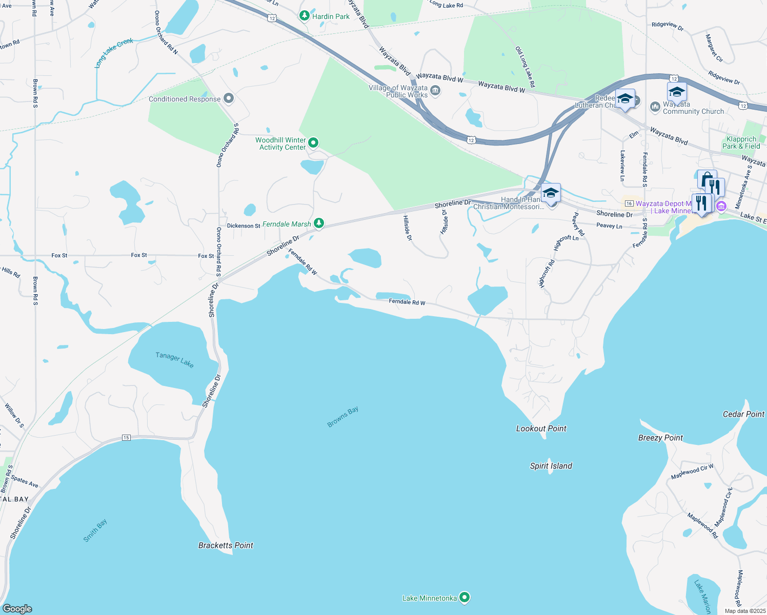 map of restaurants, bars, coffee shops, grocery stores, and more near 885 Ferndale Rd W in Wayzata