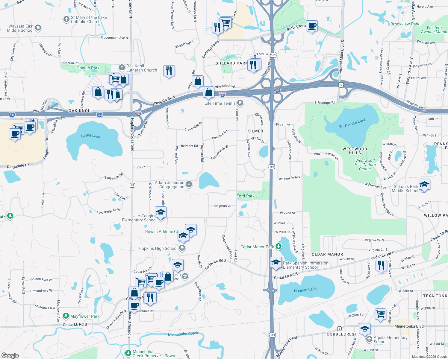 map of restaurants, bars, coffee shops, grocery stores, and more near 1916 Yorkshire Avenue South in Hopkins